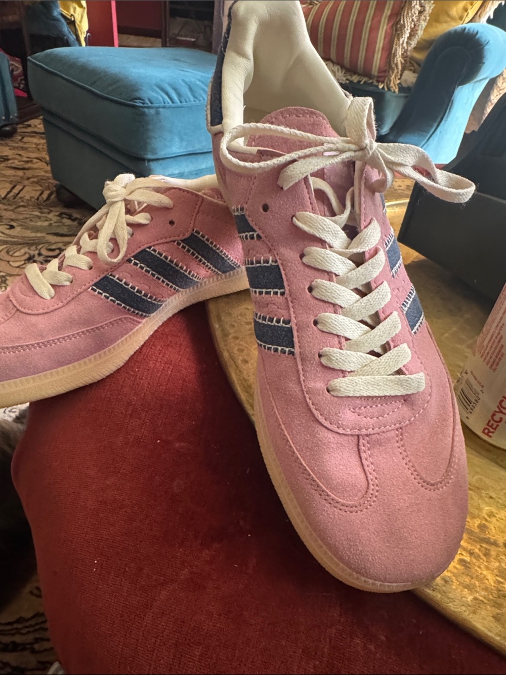 Highly sought after adidas Pink Suede Sneakers with Navy Stripes